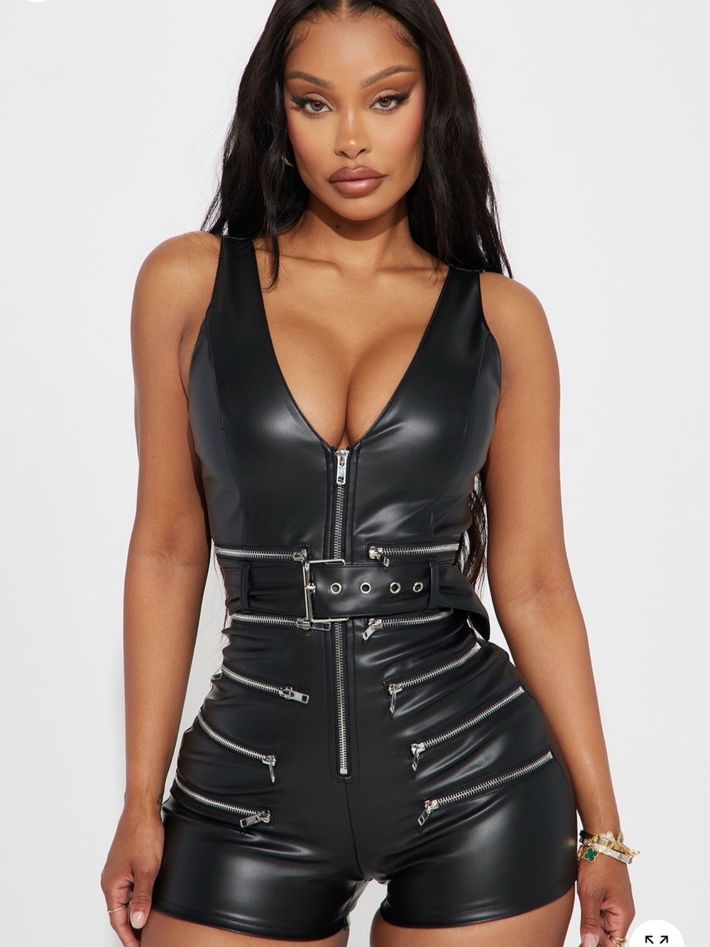 Faux Leather Black Zip-Front Romper